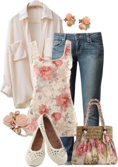 Floral tank top, jeans, white button down shirt, white flats, floral shoulder bag. Mode Tips, Outfits 2016, Skirt Maxi, Outfit Trends, Floral Outfit, Inspired Outfits, Spring Dress, Outfit Casual, Polyvore Outfits