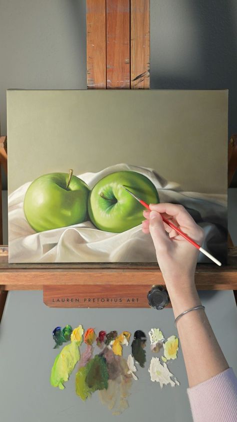 Click to watch the full process video on my YouTube channel! Basic Oil Painting For Beginners, Apple Oil Pastel, Apple Painting Acrylic, Apple Paintings, Oil Painting Basics, Still Life Reference, Close Up Art, Watercolor Typography, Africa Art Design