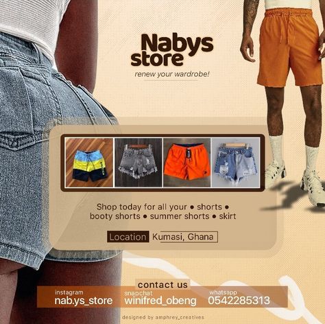 An online clothing store. #clothing #flyer #shorts #graphicdesign Clothing Flyer Design, Store Flyers, Short Summer Skirts, Naruto Minato, Online Clothing Store, Instagram And Snapchat, Online Clothing Stores, Summer Shorts, Flyer Design