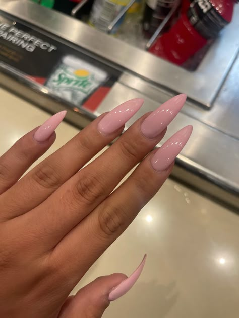 French Tip Ideas Long Nails, Nails When Tanned, Almond Soft Pink Nails, Almond Shape Long Nails, Pink Sharp Almond Nails, Glossy Pink Almond Nails, Long Almond Nails Solid Color, Long Almond Nails With Gems, Long Almond Pink Nails