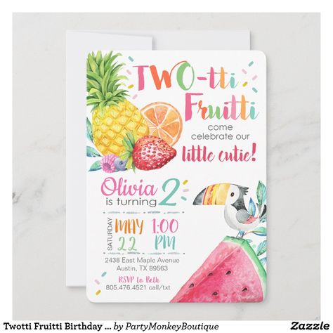 Twotti Fruitti Birthday Invitation Twotti Fruitti Party, Twotti Fruitti, Tutti Frutti Birthday Party, Summer Birthday Invitations, Fiesta Tropical, 2nd Birthday Invitations, Summer Birthday, Colored Envelopes, Create Your Own Invitations