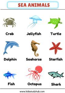 Animal Chart For Kids, Animals Games For Kids, Animals Activity For Kids, Sea Animals Craft, Animals Chart, Animals Games, Animals Worksheet, Sea Animal Crafts, English Flashcards