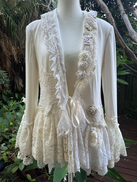 Bohemian shabby chic cotton jacket embellished with vintage crochet and tattered flowers BohobyDarija Medium Repurposed Clothing Diy, Shabby Chic Tags, Shirt Makeover, Chic Jacket, Shabby Chic Clothes, Upcycle Clothes Diy, Upcycled Clothes, Repurposed Clothing, Boho Style Outfits