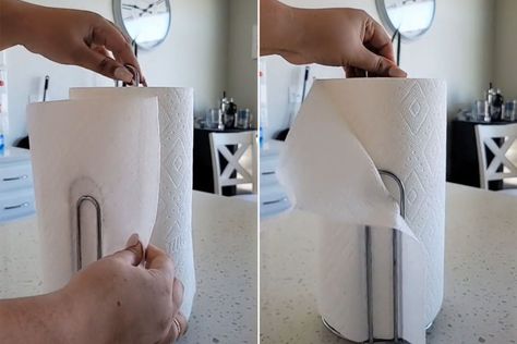 Woman discovers 'mind-blowing' real use of paper towel holder – and people are shocked they never spotted it before Guest Bathroom Paper Towel Ideas, Diy Paper Towel Holder Under Cabinet, Repurpose Paper Towel Holder, Paper Towel Holder Hacks, Bathroom Paper Towel Holder Ideas, Kitchen Paper Towel Holder Ideas, Diy Paper Towel Holder, Paper Towel Holder Ideas, Hanging Paper Towel Holder