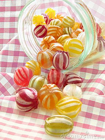 Photo of delicious fruit marbles hard boiled sweets in open jar with pink gingham check tablecloth. 90s Candy, Boiled Sweets, Candy Girl, Colorful Candy, Chocolate Factory, Delicious Fruit, Candy Store, Candy Shop, Hard Candy