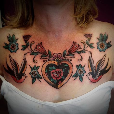 Chest Tattoo Heart, Heart Chest Tattoo, Traditional Chest Tattoo, Sunflower Tattoo Meaning, Traditional Chest, Traditional Heart, Chest Tattoo Female, Tattoo Female, Single Line Tattoo