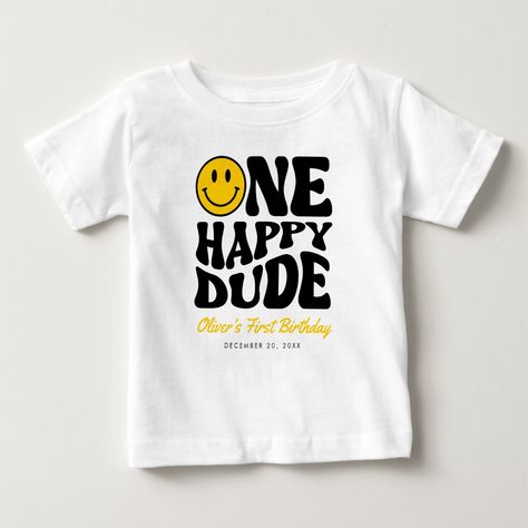 One happy dude custom preppy smile boy first birthday baby t-shirt. One Happy Dude Shirt, One Happy Dude First Birthday Blue, One Happy Dude Family Shirts, First Birthday Party Outfit, Playful Black T-shirt For First Birthday, Casual Text Print T-shirt For First Birthday, Baby Boy Birthday Outfit, One Happy Dude, First Birthday Themes