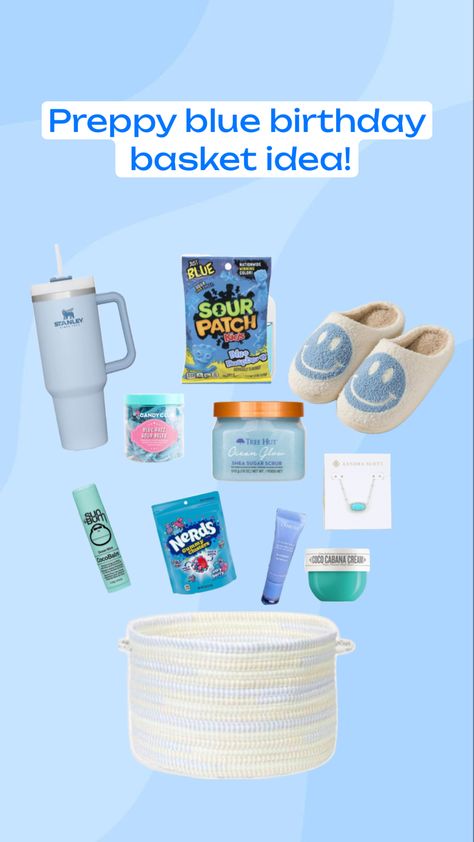 #preppy #blue #gift #basket #birthday#inspo #fyp #viral #pintrest #viral Blue Themed Gift Baskets, Blue Gift Basket, Gift Basket Birthday, Sour Belts, Preppy Gifts, Birthday Basket, Blue Baskets, Themed Gift Baskets, Birthday Inspo