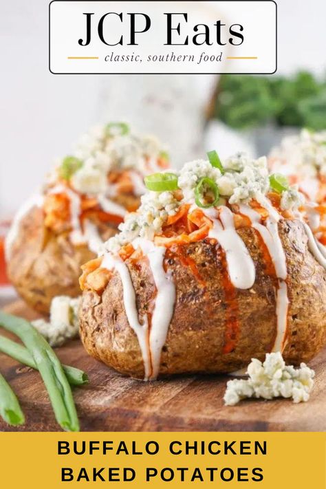 Buffalo Chicken Baked Potatoes Easy Super Bowl Recipes, Buffalo Chicken Potato, Best Potluck Recipes, Weeknight Dinner Easy, Blue Cheese Crumbles, Chicken Potato Bake, Easy Super Bowl, Wine Cheers, Classic Mac And Cheese