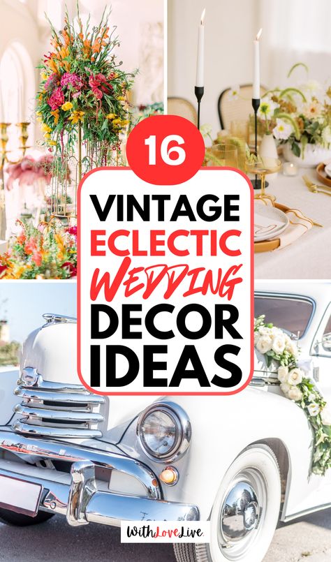 Embrace the beauty of vintage eclectic decor for your wedding! 🌼🍂 Find inspiration in charming details, from retro furniture to artistic centerpieces that tell your love story. This unique style will make your celebration memorable and personal. Save this pin for your wedding decor ideas! 📌💖 Vintage Outside Wedding Ideas, Vintage 1920s Wedding, Victorian Wedding Reception, Kitchy Wedding Ideas, Vintage Wedding Ideas Elegant, Maximalist Wedding Decor, Romantic Vintage Wedding Decorations, 1950 Wedding Theme, Artistic Centerpieces