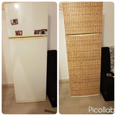 Diy fridge. Stick wallpaper on it Silver Fridge, Bus Ideas, Tropical Interior Design, Tropical Interior, Stick Wallpaper, Small Trash Can, Trash Can, Kitchens, Room Divider