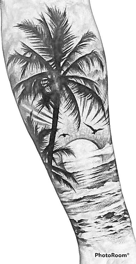 Nature Water Tattoo, Palm Tree Tattoo Stencil Outline, Beach Tattoo Stencil, Tampa Tattoo, Beach Theme Tattoos, Tree Sleeve Tattoo, Family Tattoo Ideas, Arm Tattoos For Guys Forearm, Storm Tattoo