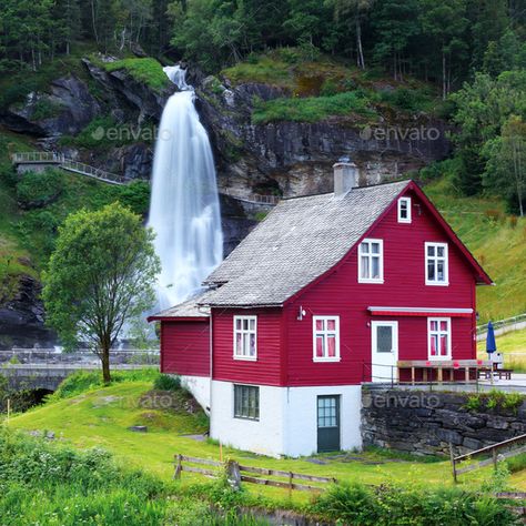 Red house near Steinsdalsfossen waterfall by ivankmit. Red house near one of the most popular waterfalls in Norway â€?20Steinsdalsfossen, on the Fosselva river in western Norway #AD #waterfall, #ivankmit, #Steinsdalsfossen, #Red Norwegian Landscape, Beautiful Norway, Scotland Landscape, Norway Travel, Red House, Pretty Places, Oh The Places Youll Go, Scandinavia, Beautiful Landscapes