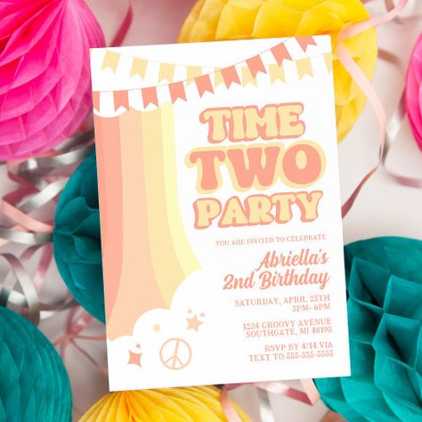 Retro Time Two Party 2Nd Birthday Invitation #zazzle #weddinginvitations #birthdayinvitations #babyshowerinvitations #zazzleinvitations #monogram #businesscards #graduation #homedecor 2nd Birthday Invitations Girl, 98th Birthday, Dance Party Invitations, Dance Party Birthday, 2nd Birthday Party Themes, Photo Birthday Invitations, 2nd Birthday Invitations, Girl 2nd Birthday, Retro Rainbow