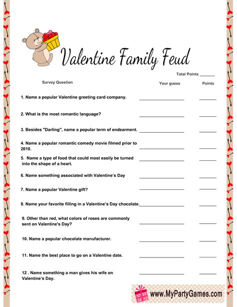 Free Printable Valentine’s Day Feud Game Valentines Day Games For Adults Free Printable, Left Right Valentine Game Free Printable, Valentines Games For Couples, Family Valentines Dinner, Fun Thanksgiving Games, Family Feud Game, Christian Valentines, Valentines Games, Valentines Day Chocolates