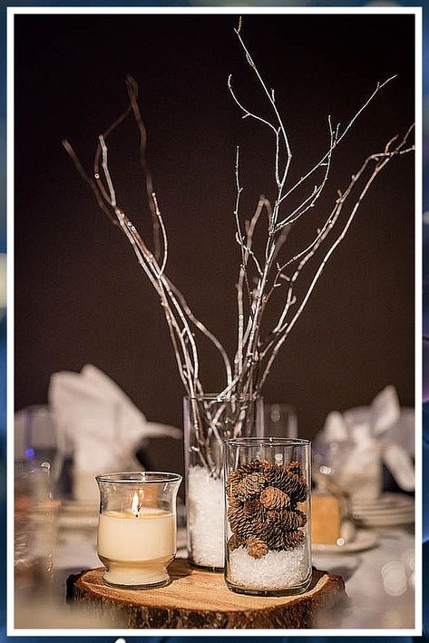 Winter Wedding Centerpieces - Discovered what you like? - Go for the collection now, Click for more amazing inspirations. Fall Gala Centerpieces, Rustic Winter Centerpieces, Stick Centerpieces Wedding, Pine Cone Centerpiece Wedding, Twigs Centerpieces, Winter Branch Centerpieces, Diy Winter Wedding Decorations, Sticks Centerpieces, Wedding Centerpieces Cheap