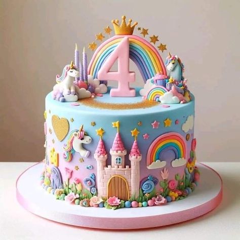 Birthday Cake Baby Girl 5 Year, Birthday Cake For 4 Year Girl, Birthday Cake For 5 Year Girl, Unicorn Cake Design, Unicorn Birthday Party Cake, 4de Verjaardag, Kid Cakes, 5th Birthday Cake, Anniversaire Diy