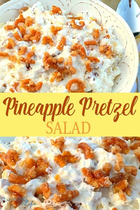 Candied pretzel pieces are sprinkled over a whipped topping and cream cheese fluff to become the BEST No-Bake Pineapple Pretzel Salad.  If there was an official must have dish for all potlucks, holiday meals and parties this would be it!  People will ask for the recipe because it is unbelievably creamy and delicious! #holidaydessert #easydessert #dessertsalad #fluff Cream Cheese Fluff, Pretzel Salads, Angel Food Cake Trifle, Pineapple Pretzel Salad, Pineapple Salad Recipes, Pineapple Fluff, Pretzel Desserts, Jello Salads, Baked Pineapple