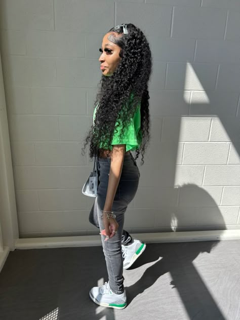 Green Jordan 3 Outfit, Jordan 3 Lucky Green Outfit, Lucky Green Outfit, Wet And Wavy Wig, Jordan 3 Green, Jordan 3 Outfit, Baby Smoothies, Mint Green Outfits, Cute Online Clothing Stores