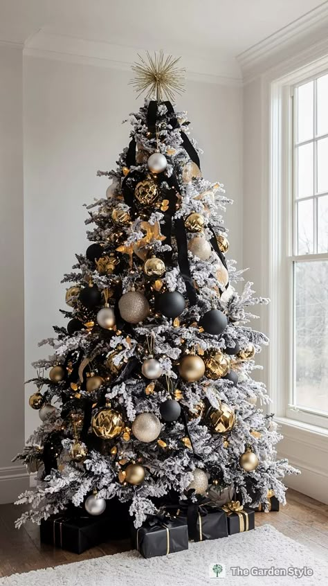 80+ Stunning Flocked Christmas Tree Decorating Ideas - The Garden Style Brown Gold Black Christmas Tree, Black And Gold Xmas Decor, Black And Wood Christmas Tree, Black And Gold Flocked Christmas Tree, Black And White And Gold Christmas Tree, Gold White And Black Christmas Tree, Christmas Tree Gold And Black, Christmas Tree With Black Bows, Edgy Christmas Tree