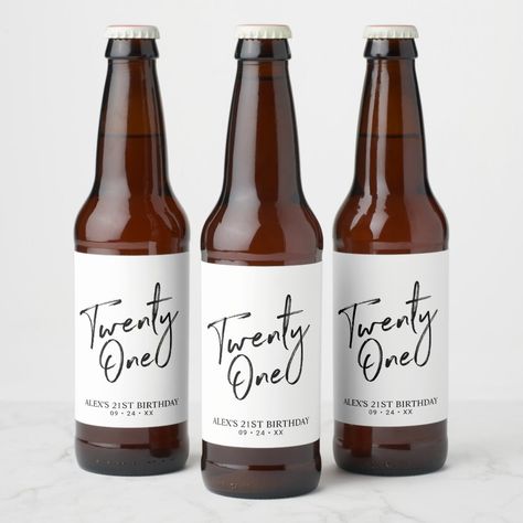 Black &amp; White Lettering 21st Birthday Party Beer Bottle Label - modern beer labels Beer Bottle Labels, Be My Groomsman, Simple Elegant Wedding, Beer Birthday, Beer Party, Drink Labels, Groomsmen Proposal, 40th Birthday Parties, Beer Label