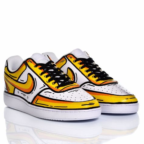 Nike Leather, Painted Nikes, Custom Shoes Diy, Yellow Sneakers, Custom Air Force 1, Nike Yellow, Hand Painted Shoes, Shoe Art, Custom Sneakers