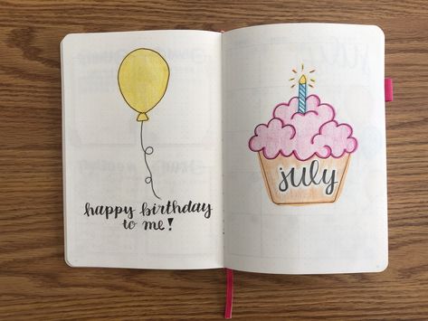 Birthday Bujo Theme, Happy Birthday Journal Ideas, Birthday Month Journal Ideas, Birthday Bujo, July Cover Page, Birthday Bullet Journal, Dairy Writing, Teaching Graphic Design, Bullet Journal Ideas Templates