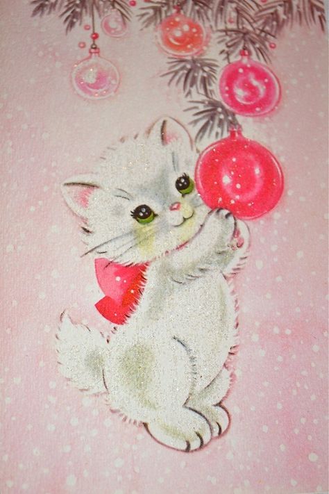 Cat Christmas Cards, Vintage Pink Christmas, Pink Xmas, Christmas Kitten, Vintage Christmas Images, Homemade Christmas Cards, Images Vintage, Noel Christmas, Vintage Christmas Cards