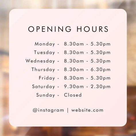 Opening Times  Business Hours Blush Pink Window Cling  Zazzle Bloxburg Motel, Bloxburg School, Mall Ideas, Neighborhood Signs, Business Opening, Salon Decals, Pink Window, Diy Body Scrub Recipes, Green Room Decor