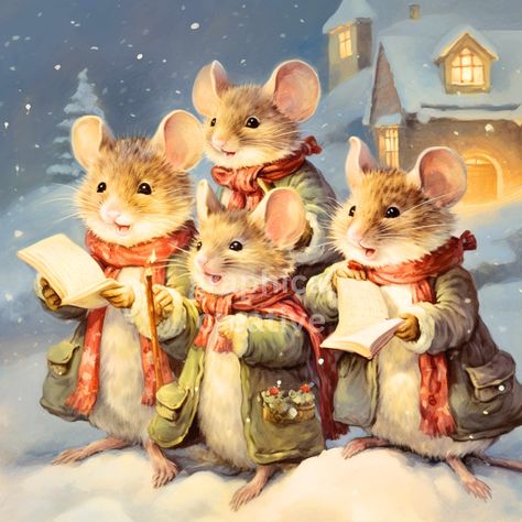 Vintage Christmas Illustration, Xmas Greeting Cards, Christmas Mouse, Fabric Panel, Holiday Greeting Cards, Christmas Illustration, Holiday Projects, Christmas Carol, Fabric Panels