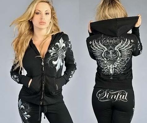 Sinful Tracksuits!!!<3 Want!!! Sinful Clothing, Affliction Clothing, Biker Outfit, Skull Clothing, Biker Chic, Training Clothes, Comfy Outfits, Gothic Fashion, Suits For Women