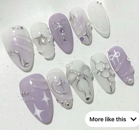 Korean Pastel Nails, Nail Inspiration Summer 2024 Almond, Kawaii Lavender, Nails Coquette, Pearl Nail Art, Bday Nails, Nails Easter, Coquette Nails, Pearl Nail