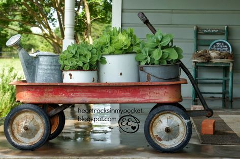 Galvanized Containers, Radio Flyer Wagon, Front Door Plants, Wagon Planter, Front Porch Plants, Rustic Front Porch, Heart Rocks, Rustic Landscaping, Radio Flyer Wagons