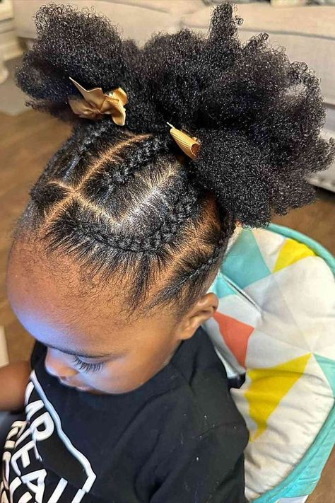 Cute Braided Updo with Double Afro Puffs and Golden Bows for Black Girls Picture Day Hair, Easy Hairstyles For Kids, Kid Hairstyles, Kid Hair, Lil Girl Hairstyles, Toddler Hairstyles, Hair Puff, Cute Simple Hairstyles, Toddler Hairstyles Girl