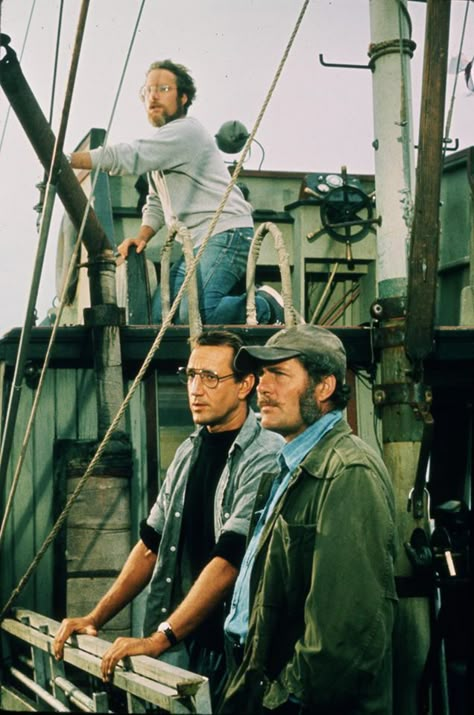 Richard Dreyfus, Roy Scheider and Robert Shaw in Jaws 1975 Jaws Film, Jaws 1975, Roy Scheider, Amity Island, Robert Shaw, Gena Rowlands, Richard Dreyfuss, Jaws Movie, Michelangelo Antonioni