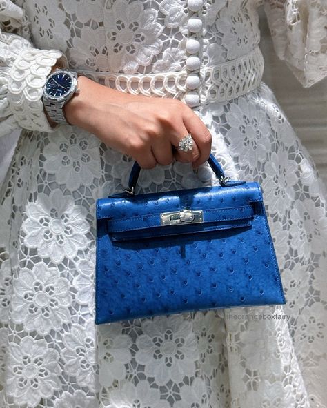 It's a beautiful summer day ☀️ and nothing says summer like a white Zimmermann dress and a bright mini kelly 💙 do you prefer styling the dress without a watch, or with a watch? Pink dial Rolex or blue dial VC? . . . #hermes #minikelly #ostrichminikelly #blueminikellt #hermesbag #zimmermann #summer #summeroutfit #fitoftheday #outfitoftheday #VC #Rolex #VacheronConstantin #overseas Mini Kelly, Rolex Diamond, Baby Room Inspiration, Zimmermann Dress, Accessories Style, Handbags Fashion, Kelly Bag, Church Outfits, Hermes Bag