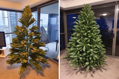 How to fluff Christmas tree hack | Better Homes and Gardens Gardens Australia, Fake Christmas Trees, Aussie Christmas, How To Make Christmas Tree, Christmas Hacks, Real Christmas Tree, Bare Tree, Artificial Tree, Homes And Gardens