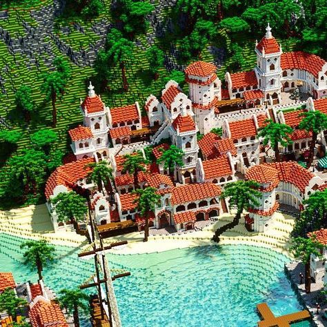 Minecraft Spanish Town, Spanish Minecraft House, Minecraft Mediterranean Village, Minecraft Spanish Villa, Minecraft Victorian, Minecraft Port, Mincraft Idea, Villa Minecraft, Minecraft Creator