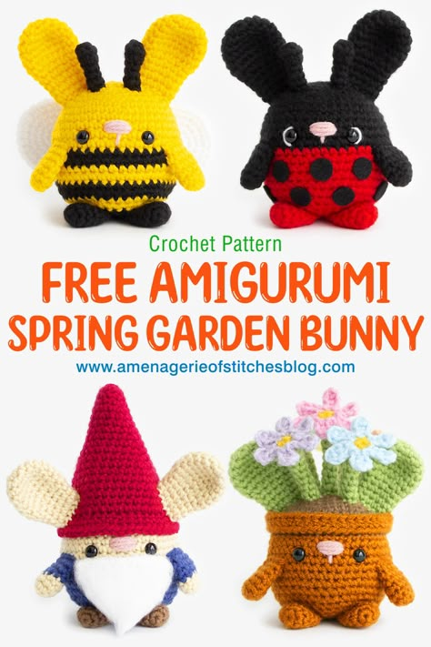 April Showers bring May Flowers! Celebrate the Spring season with these new crocheted bunnies! Crochet a bumble bee, ladybug, pot of flowers or a gnome to complete your garden collection. These Free crochet patterns are perfect for all skill levels and include step by step photos and instructions. Decorate with this new set of amigurumi bunnies that everyone will enjoy. Even perfect for Mother’s Day! ***The FREE Amigurumi Crochet pattern can be found on my blog, Amenagerieofstitchesblog.com*** Crochet Bunny Patterns, Crochet Spring Patterns, Free Crochet Bunny, Crochet Bobble Blanket, Bunny Patterns, Bunny Garden, Easter Crochet Patterns, Bunny Crochet, Crochet Animals Free Patterns