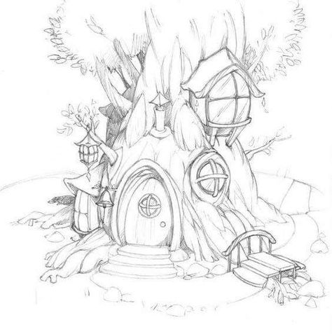 Tree House Drawing, 심플한 그림, Fairy Tree Houses, 동화 삽화, Fairy Drawings, Sketches Pencil, Fairy Tree, Drawing Drawing, Pencil Sketches