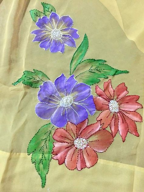 Natural Painting Sarees, Handmade Paper Art, Saree Painting Designs, Saree Painting, Fabric Painting On Clothes, Hand Painted Dress, Flower Drawing Tutorials, Block Painting, Fabric Paint Designs