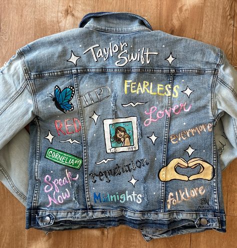 Another TAYLOR SWIFT jacket delivered 🫶🏽 It means sooo much when I get a message from a buyer right away! It puts me at ease that they got it and they are happy with it my work 💖 Cheers to all of you SWIFTIES out there!! 🦋 #taylorswiftfan #swiftieforever #taylorswiftfashion #concertfashion #erastouroutfit #taylorswiftfanart Taylor Swift Jacket Diy, Taylor Swift Jacket, Taylor Swift Jean Jacket Diy, Taylor Swift Jean Jacket, Jean Jacket Diy, Denim Jacket And Jeans, Hand Painted Denim Jacket, Taylor Swift Fearless, Painted Denim Jacket