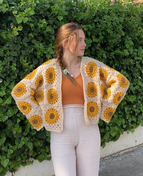 Sunflower Crochet Cardigan, Crochet Sunflowers, Sunflower Crochet, Crochet Sunflower, Cardigan Outfits, Dresses Ideas, Oct 1, Etsy Sales, Crochet Cardigan