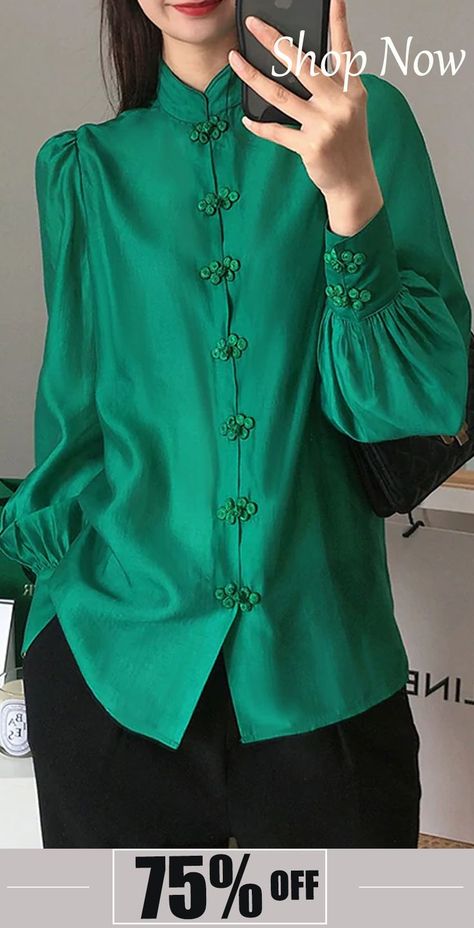 Solid Green Stand Collar Chinese Button Silk Blouse Top Long Sleeve Chinese Button, Gala Design, Silk Tunic Dress, Chinese Collar, Long Sleeve Outfits, Silk Tunic, Solid Green, Button Dress, Silk Top