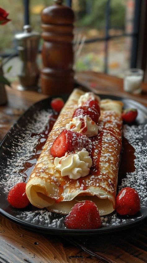 Crepes Aesthetic, Crepes With Strawberries, Fruit Crepes, Berry Crepes, Crepe Bar, Crepes Filling, Strawberry Crepes, Breakfast Crepes, Newborn Stroller