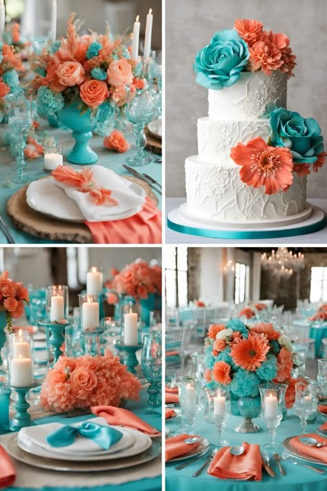 If you are looking for ideas to help you create your wedding color palette, then check out these beautiful turquoise and coral wedding color ideas to help inspire you! This wedding color palette consists of colors like turquoise blue, coral, and white to make a palette that looks absolutely stunning! | Wedding color schemes | Wedding color palettes | Wedding theme | Wedding theme ideas | Wedding colors | Wedding color inspiration | Wedding color ideas | Wedding themes | Wedding colors unique | Fall wedding color ideas | Winter wedding color ideas | Spring wedding color ideas | Summer wedding color ideas | Aqua And Coral Wedding, Wedding Peach Color Schemes, Peach And Teal Wedding, Turquoise And Coral Wedding, Bridget Wedding, Turquoise Coral Weddings, Beach Wedding Color Palette, Turquoise Wedding Theme, Turquoise Wedding Ideas