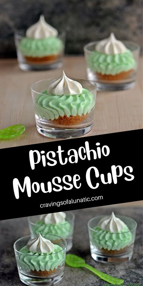 Collage image featuring three small clear dessert cups filled with graham crumbs, pistachio mousse and whipped cream. Green Desserts Easy, Pistachio Mousse, Kids Brunch, Pistachio Cheesecake, Mousse Cups, Green Desserts, Comfort Desserts, Yummy Desserts Easy, Sweet Dips