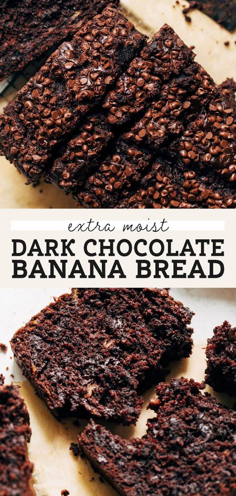 This chocolate banana bread is baked with dark chocolate for a rich flavor and color. It's super moist, rich, and studded with mini chocolate chips. It's the best combo of banana and chocolate! #bananabread #chocolate #darkchocolate #butternutbakery | butternutbakeryblog.com Dark Chocolate Banana Muffins, Dark Chocolate Banana Bread, Starvin Marvin, Best Chocolate Chip Muffins, Dark Chocolate Banana, Banana Scones, Healthy Bakes, Banana Bread Vegan, Chocolate Banana Bread Recipe