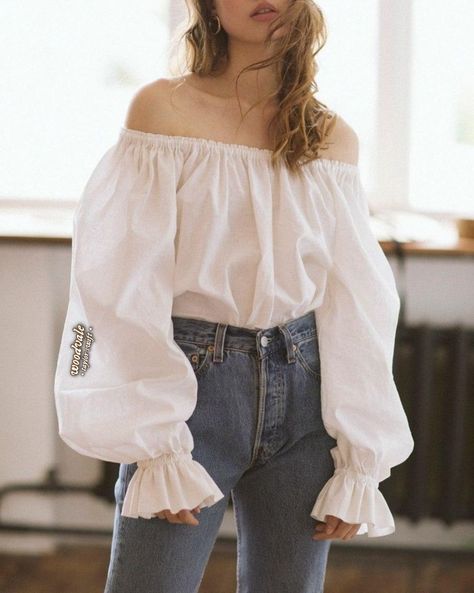 Poofy Sleeve Shirt, Puffed Sleeves Blouse, Off The Shoulder Top Outfit, Album Concept, Poofy Sleeves, Linen Slip Dress, White Linen Blouse, Etsy Clothes, Hippie Blouse