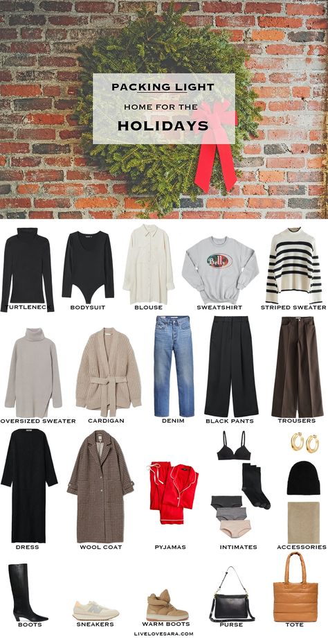 A Holiday Packing List 2021 - livelovesara Winter Travel Wardrobe, Holiday Packing List, Holiday Packing Lists, Thanksgiving Dinners, Holiday Capsule Wardrobe, Packing Wardrobe, Winter Packing List, Over 40 Fashion, Capsule Wardrobe Casual